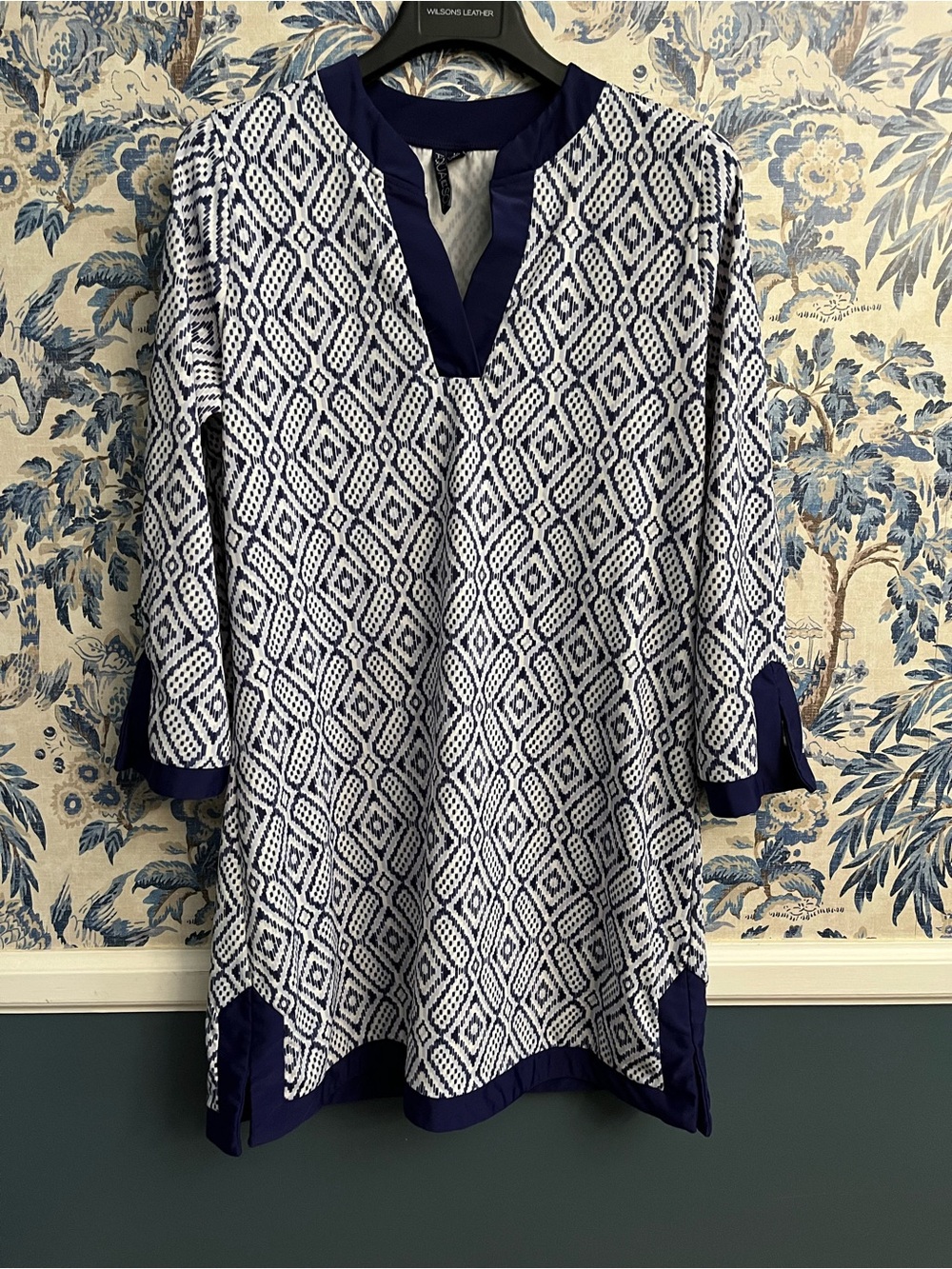 Ina Navy and White Geometric V-Neck Tunic